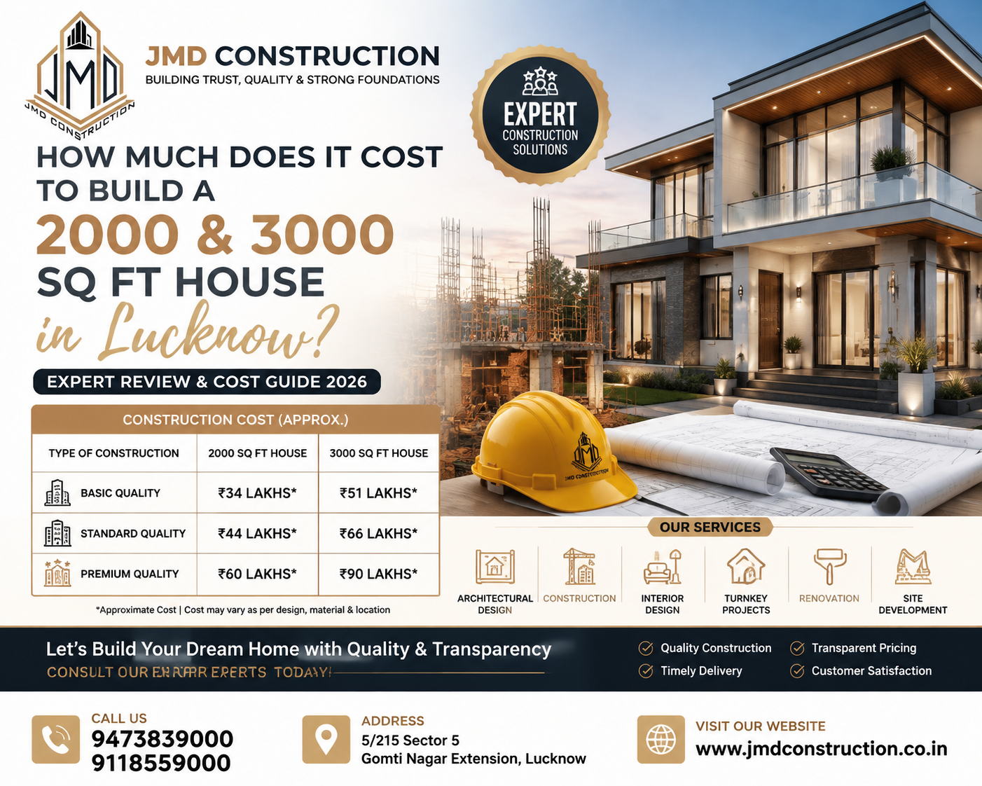 2000 and 3000 sq ft house construction cost in Lucknow by JMD Construction