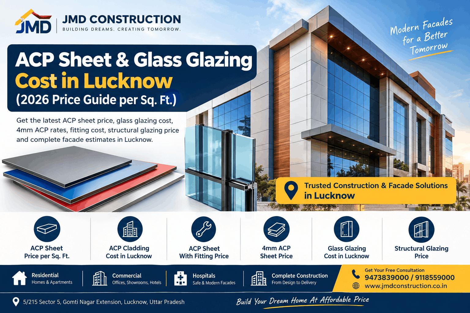ACP sheet and glass glazing cost in Lucknow 2026 per sq ft