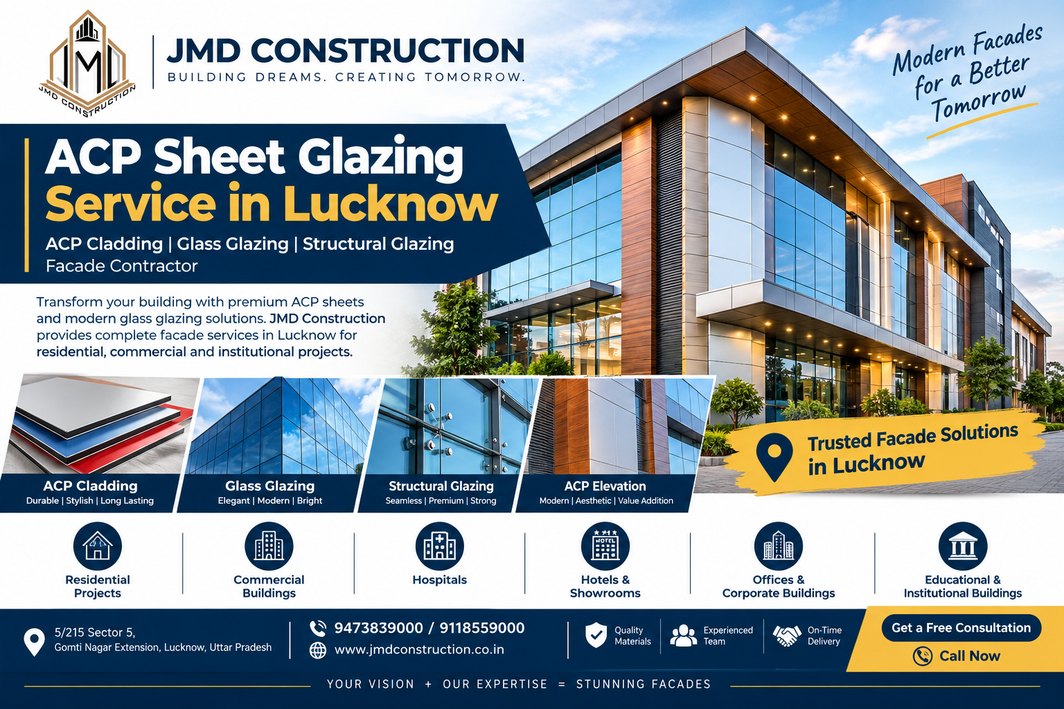 ACP sheet glazing service in Lucknow with ACP cladding and glass facade