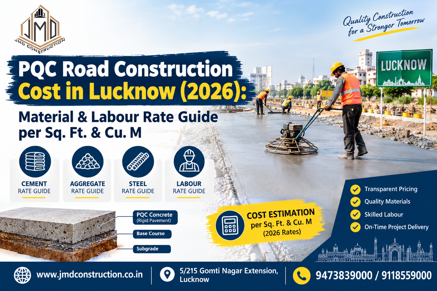 PQC road construction cost in Lucknow 2026 with material and labour rate guide by JMD Construction